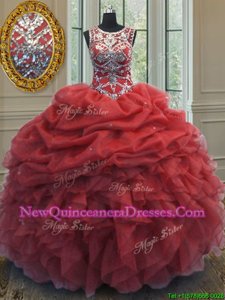 Shining Pick Ups Ball Gowns Sweet 16 Quinceanera Dress Coral Red Scoop Organza Sleeveless Floor Length Lace Up