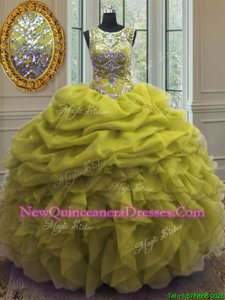 Sophisticated Yellow Green Scoop Lace Up Beading and Ruffles and Pick Ups Quinceanera Gown Sleeveless