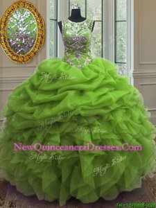 High Quality Spring Green Ball Gowns Scoop Sleeveless Organza Floor Length Lace Up Beading and Ruffles and Pick Ups 15th Birthday Dress