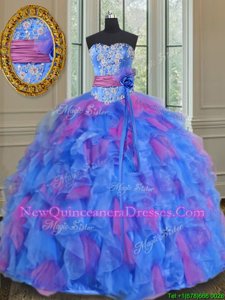 Beauteous Multi-color Ball Gowns Beading and Appliques and Ruffles and Sashes|ribbons and Hand Made Flower Quinceanera Gown Lace Up Organza Sleeveless Floor Length