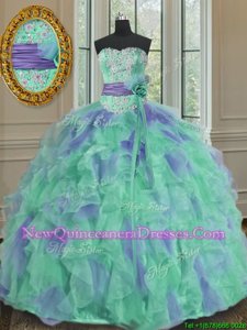 Deluxe Spring and Summer and Fall and Winter Organza Sleeveless Floor Length 15 Quinceanera Dress andBeading and Appliques and Ruffles and Sashes|ribbons and Hand Made Flower