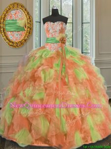 Enchanting Multi-color Organza Lace Up Sweetheart Sleeveless Floor Length Sweet 16 Dresses Beading and Ruffles and Sashes|ribbons