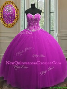 Flare Purple Tulle Lace Up Sweet 16 Quinceanera Dress Sleeveless Floor Length Beading and Sequins