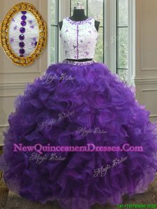 Stunning Purple Organza Clasp Handle Scoop Sleeveless Floor Length 15th Birthday Dress Appliques