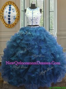 Exceptional Blue Scoop Clasp Handle Beading and Lace and Ruffles Quince Ball Gowns Sleeveless