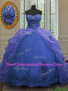 Sweet Organza Sweetheart Sleeveless Court Train Lace Up Beading and Appliques and Pick Ups 15th Birthday Dress inBlue