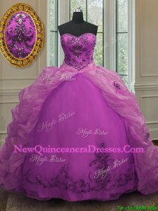 Affordable Sleeveless With Train Beading and Appliques and Pick Ups Lace Up 15th Birthday Dress with Fuchsia Court Train