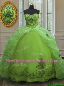 Dramatic Sweetheart Sleeveless 15th Birthday Dress With Train Court Train Beading and Appliques and Pick Ups Spring Green Organza