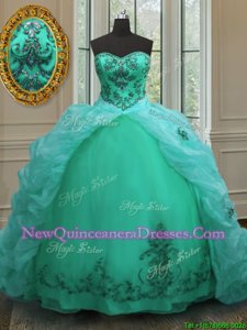 Dynamic Turquoise Organza Lace Up Sweetheart Sleeveless With Train Sweet 16 Quinceanera Dress Court Train Beading and Appliques and Pick Ups