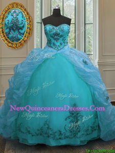 Sweet Aqua Blue Organza Lace Up Sweetheart Sleeveless With Train Quince Ball Gowns Court Train Beading and Appliques and Pick Ups