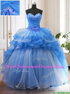 Stylish Blue Organza Lace Up Vestidos de Quinceanera Sleeveless With Train Sweep Train Beading and Ruffled Layers