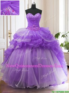 Enchanting Lavender Ball Gowns Organza Sweetheart Sleeveless Beading and Ruffled Layers With Train Lace Up Vestidos de Quinceanera Sweep Train