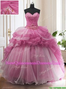 Clearance Lilac Organza Lace Up Sweetheart Sleeveless With Train Quinceanera Gowns Sweep Train Beading and Ruffled Layers