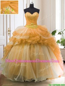 Decent Orange Lace Up Vestidos de Quinceanera Beading and Ruffled Layers Sleeveless With Train Sweep Train