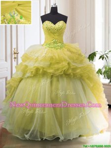 Shining With Train Light Yellow Quince Ball Gowns Organza Court Train Sleeveless Spring and Summer and Fall and Winter Beading and Ruffled Layers