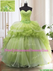 Fabulous Sleeveless With Train Beading and Ruffled Layers Lace Up 15th Birthday Dress with Yellow Green Sweep Train