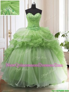 Flirting Spring Green Organza Lace Up Sweet 16 Quinceanera Dress Sleeveless With Train Court Train Beading and Ruffled Layers