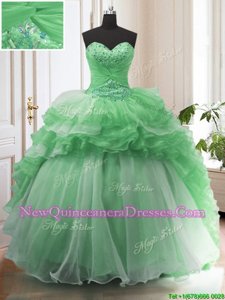 Modest Green Sleeveless Sweep Train Beading and Ruffled Layers Ball Gown Prom Dress