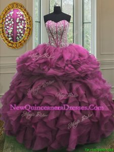 Top Selling Fuchsia Organza Lace Up Sweetheart Sleeveless Floor Length Quinceanera Gowns Beading and Ruffles