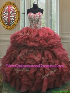 Hot Selling Floor Length Watermelon Red Sweet 16 Quinceanera Dress Organza Sleeveless Spring and Summer and Fall and Winter Beading and Ruffles