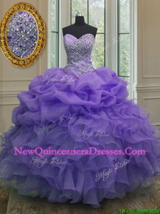 Fine Lavender Sleeveless Floor Length Beading and Ruffles and Pick Ups Lace Up Quinceanera Dress