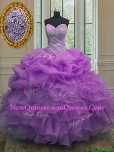 Latest Lavender Lace Up Quince Ball Gowns Beading and Ruffles and Pick Ups Sleeveless Floor Length