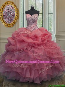 Pick Ups Pink Sleeveless Organza Lace Up Ball Gown Prom Dress for Military Ball and Sweet 16 and Quinceanera