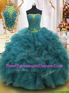 Discount Strapless Sleeveless Vestidos de Quinceanera Floor Length Beading and Ruffles Teal Organza