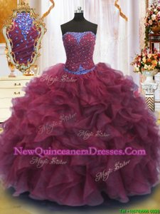 Enchanting Burgundy Organza Lace Up Strapless Sleeveless Floor Length Vestidos de Quinceanera Beading and Ruffles