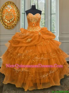 Sleeveless Floor Length Beading and Ruffled Layers and Pick Ups Lace Up Quinceanera Gowns with Orange