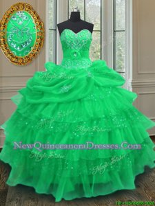 Edgy Halter Top Beading and Ruffled Layers and Pick Ups Sweet 16 Dresses Green Lace Up Sleeveless Floor Length