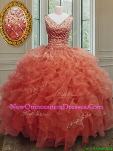 Best Floor Length Orange Red Sweet 16 Dresses Organza Sleeveless Spring and Summer and Fall and Winter Beading and Ruffles