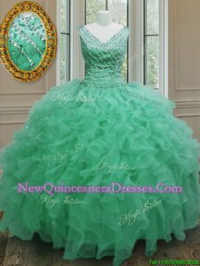 Luxury Apple Green Organza Zipper Vestidos de Quinceanera Sleeveless Floor Length Beading and Ruffles