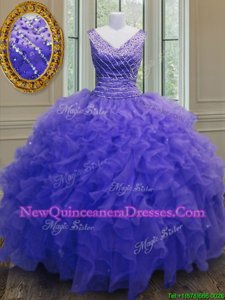 Simple V-neck Sleeveless Sweet 16 Dress Floor Length Beading and Ruffles Purple Organza