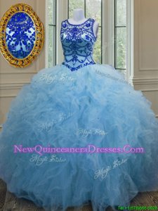 Artistic Tulle Scoop Sleeveless Lace Up Beading and Ruffles Sweet 16 Quinceanera Dress inBaby Blue