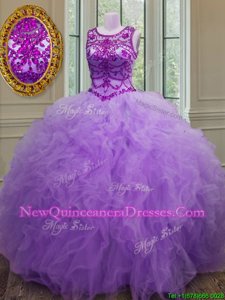 Trendy Scoop Lavender Sleeveless Floor Length Beading and Ruffles Lace Up Vestidos de Quinceanera