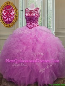 Ball Gowns Quinceanera Gowns Lilac Scoop Tulle Sleeveless Floor Length Lace Up