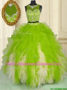 Lovely Scoop Beading and Ruffles Vestidos de Quinceanera Yellow Green Zipper Sleeveless Floor Length