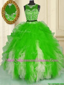 Best Selling Scoop Spring Green Sleeveless Beading and Ruffles Floor Length Quince Ball Gowns