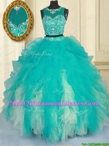 Designer Scoop Sleeveless Quinceanera Dress Floor Length Beading and Ruffles Turquoise Tulle