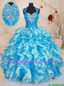 Extravagant Beading and Ruffles Quince Ball Gowns Aqua Blue Lace Up Sleeveless Floor Length