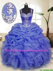 Eye-catching Purple Organza Zipper Straps Sleeveless Floor Length Quinceanera Gown Beading and Ruffles and Pick Ups