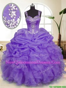 Exquisite Pick Ups Ball Gowns Quinceanera Gown Lavender Straps Organza Sleeveless Floor Length Zipper