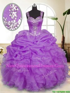 Floor Length Lavender Sweet 16 Dress Organza Sleeveless Summer and Fall and Winter Beading and Ruffles and Pick Ups