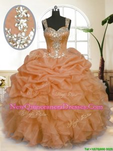 Custom Fit Orange Sleeveless Beading and Ruffles and Pick Ups Floor Length Sweet 16 Quinceanera Dress