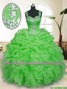 Excellent Straps Sleeveless Quince Ball Gowns Floor Length Beading and Ruffles and Pick Ups Spring Green Organza