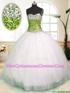 Super Sweetheart Sleeveless Quince Ball Gowns Floor Length Beading White Tulle