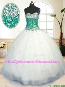 Flare White Sleeveless Floor Length Beading Lace Up 15 Quinceanera Dress