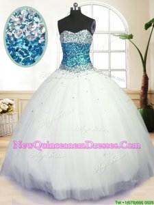 Fashionable Blue And White Lace Up Sweetheart Beading Sweet 16 Quinceanera Dress Tulle Sleeveless