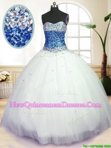 Beauteous Blue And White Ball Gowns Sweetheart Sleeveless Tulle Floor Length Lace Up Beading Quinceanera Gown